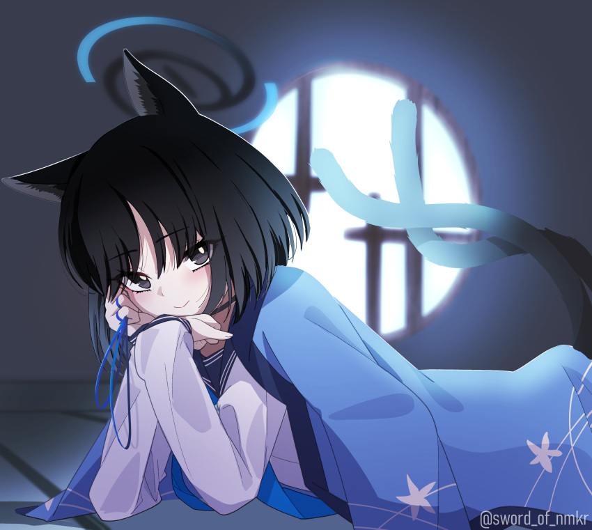 1girl absurdres animal_ears black_eyes black_hair black_sailor_collar blue_archive blue_halo blue_neckerchief blue_string blush bright_pupils cat's_cradle cat_ears cat_tail closed_mouth halo hand_rest haori highres indoors japanese_clothes kikyou_(blue_archive) kimono_on_shoulders looking_at_viewer lying multiple_tails murasame_(sword_of_nmkr) neckerchief on_stomach sailor_collar sleeves_past_wrists smile solo string_around_neck tail two_tails white_pupils