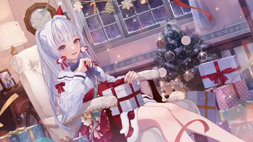 1girl :d absurdres alternate_costume blue_bow blue_bowtie blue_eyes blue_hair blunt_tresses bow bowtie box box_stack camunekoz christmas christmas_ornaments christmas_tree clock commentary_request dog dutch_angle feet_out_of_frame fur-trimmed_skirt fur_trim genshin_impact gift gift_box hair_ribbon hat high-waist_skirt highres holding holding_gift holding_ribbon indoors kamisato_ayaka lampshade light_blue_hair long_hair long_sleeves looking_at_viewer mole mole_under_eye night open_mouth photo_(object) red_headwear red_skirt ribbon santa_hat shiba_inu shirt skirt smile snow snowflake_print solo sparkle star_(symbol) tress_ribbon white_shirt window