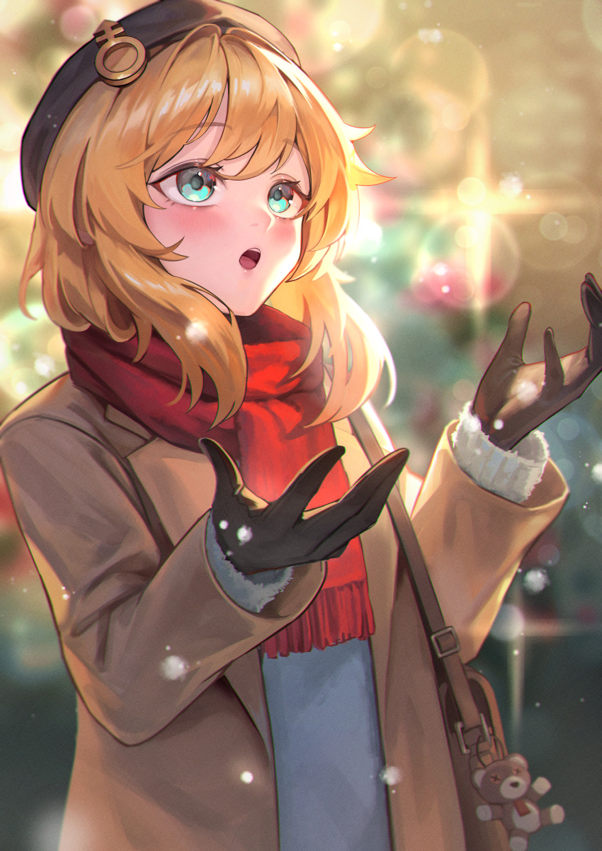 1girl absurdres androgyne_symbol aqua_eyes bag black_gloves blonde_hair bridget_(guilty_gear) christmas female_focus gloves guilty_gear hakusyokuto highres jacket long_hair open_clothes open_jacket open_mouth red_scarf scarf shoulder_bag snowing solo