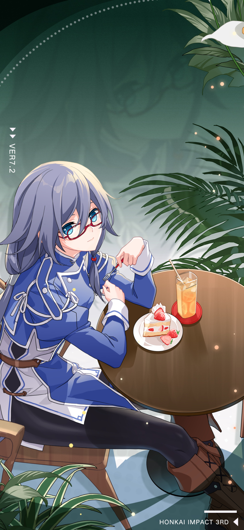 1girl arm_on_table black_pants blue_sleeves brown_footwear cake chair chinese_clothes chinese_commentary closed_mouth cup drinking_straw food fork fruit fu_hua fu_hua_(valkyrie_accipiter) green_background grey_hair hair_between_eyes highres holding holding_fork honkai_(series) honkai_impact_3rd light_smile long_sleeves official_art official_wallpaper orange_juice pants plant red-framed_eyewear sitting smile solo strawberry strawberry_cake table