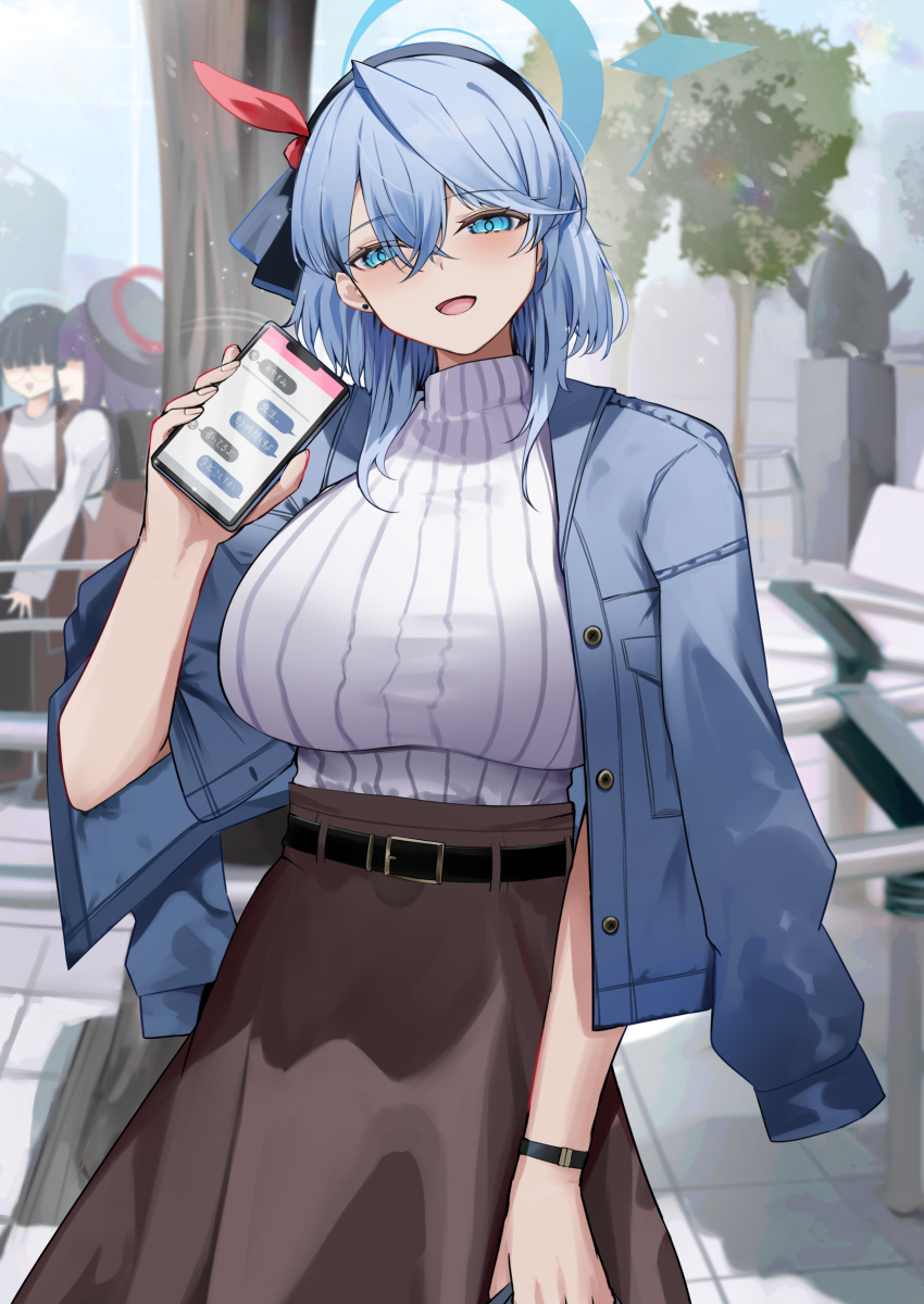 1girl absurdres ako_(blue_archive) alternate_costume blue_archive blue_eyes blue_hair breasts brown_skirt hair_between_eyes highres large_breasts long_hair looking_at_viewer open_mouth san_(harutuki_3) skirt smile solo sweater white_sweater