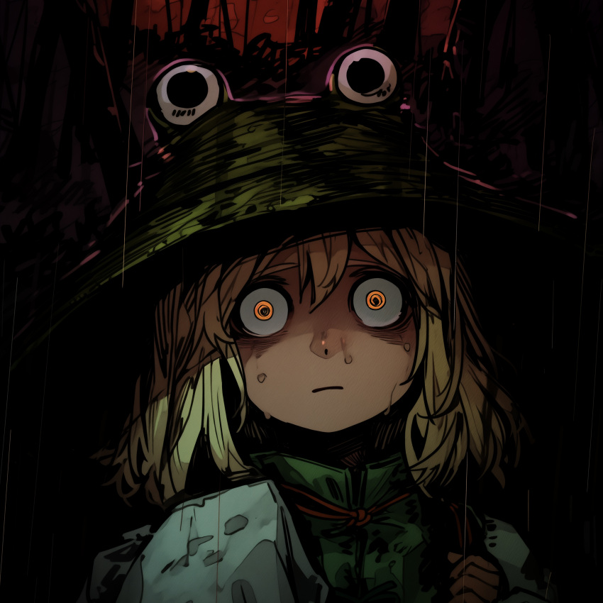 1girl :| @_@ absurdres blonde_hair closed_mouth commentary_request creepy expressionless gensokyo glowing glowing_eyes green_vest hat highres horror_(theme) ill-ma long_hair long_sleeves looking_at_viewer moriya_suwako orange_eyes portrait rain red_background ribbon solo touhou vest wet