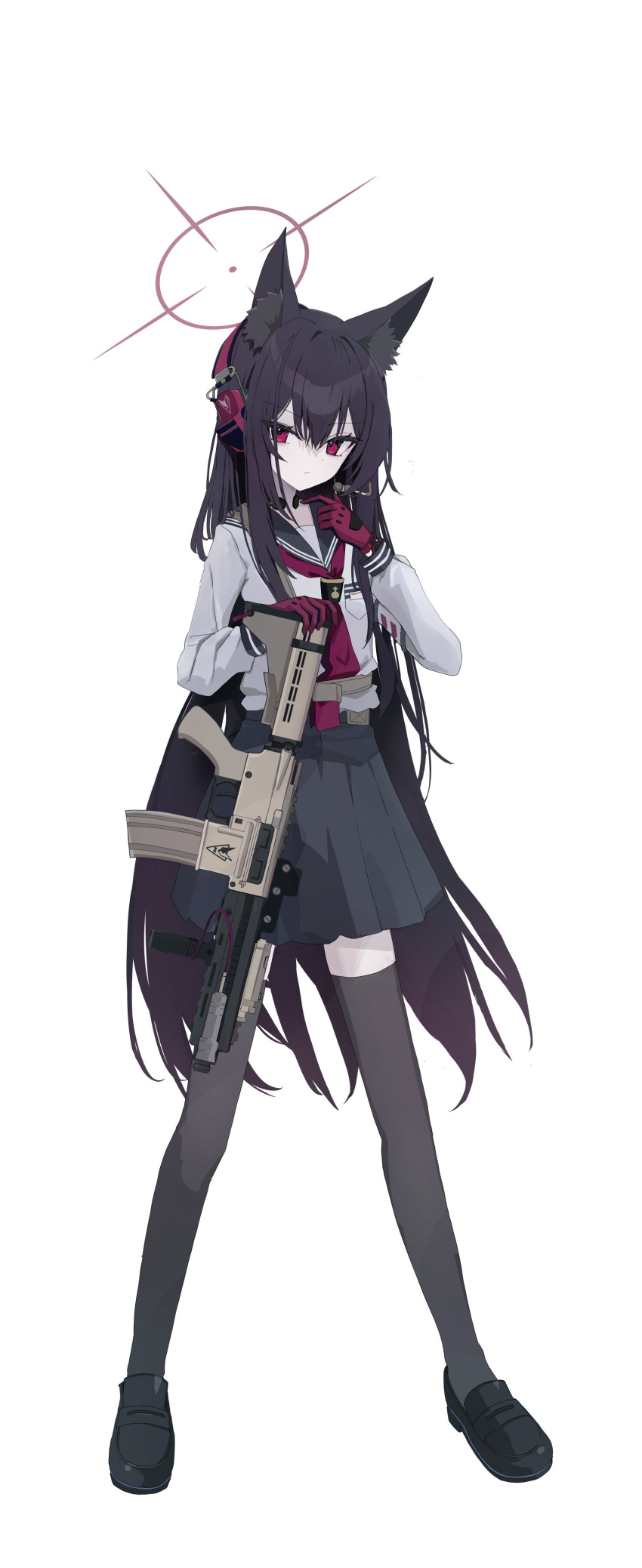 1girl absurdres animal_ear_fluff animal_ears armband assault_rifle black_hair black_sailor_collar black_skirt black_thighhighs blue_archive brown_halo closed_mouth commentary expressionless fox_ears full_body gun h&amp;k_hk416 headset highres inaba_reito long_hair long_sleeves looking_at_viewer neckerchief puffy_long_sleeves puffy_sleeves red_eyes red_neckerchief rifle sailor_collar shirt shirt_tucked_in shoulder_strap simple_background skirt solo standing symbol-only_commentary thigh-highs throat_microphone weapon white_armband white_background white_shirt yukino_(blue_archive)