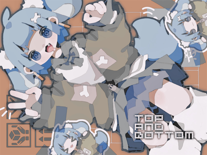 1girl @_@ absurdres animal_ears animal_feet blue_eyes blue_hair blue_serafuku bone_hair_ornament brown_background chibi chibi_inset dog_ears dog_girl dog_tail drooling fang full_body green_jacket grid_background hair_ornament hands_up highres jacket long_sleeves looking_at_viewer mouth_drool nikamoka notice_lines open_clothes open_jacket open_mouth original pleated_skirt pom_pom_(clothes) pom_pom_hair_ornament school_uniform serafuku short_eyebrows short_hair sidelocks skirt sleeves_past_wrists tail tape v
