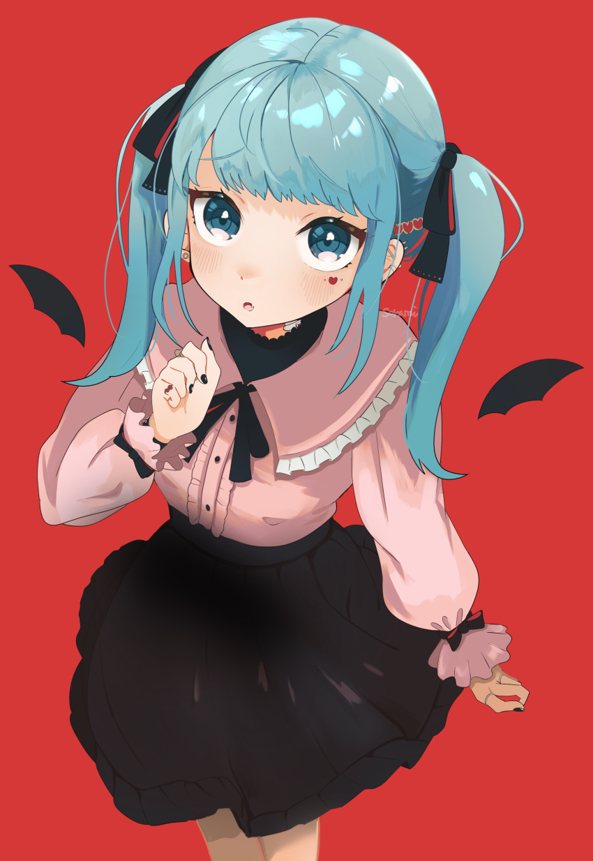 1girl absurdres bandage_on_neck bat_wings blue_eyes blue_hair blush center_frills facial_mark frilled_shirt_collar frills from_above hair_ornament hair_ribbon hairclip hand_up hatsune_miku heart heart_facial_mark heart_hair_ornament highres jewelry long_hair long_sleeves looking_at_viewer mini_wings nail_polish neck_ribbon open_mouth red_background ribbon ring shirt_tucked_in skirt solo sorami twintails vampire_(vocaloid) vocaloid wings