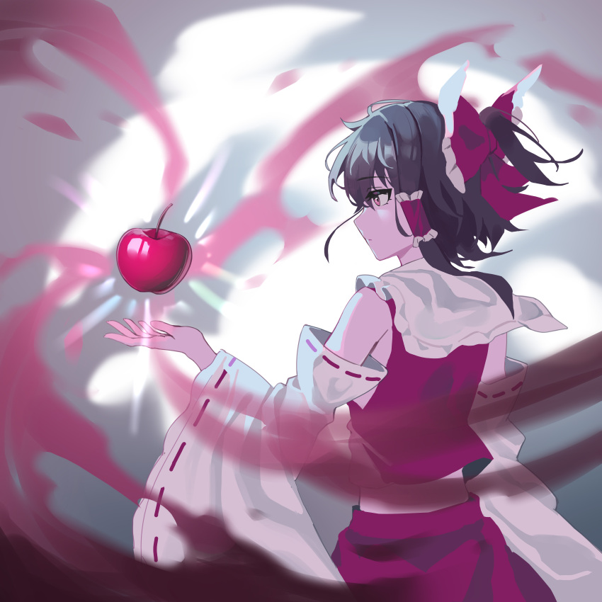 1girl absurdres ailu_elf apple bare_shoulders black_hair bow closed_mouth detached_sleeves food fruit hair_bow hair_tubes hakurei_reimu highres japanese_clothes long_hair nontraditional_miko red_bow red_eyes red_skirt ribbon-trimmed_sleeves ribbon_trim skirt solo touhou white_sleeves wide_sleeves
