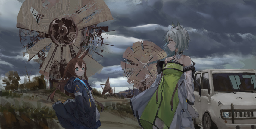 2girls 2k14_chudong absurdres amiya_(arknights) animal_ear_fluff animal_ears arknights bare_shoulders black_jacket brown_hair car cat_ears chinese_commentary clouds cloudy_sky cowboy_shot dress expressionless green_dress green_eyes highres impasto jacket kal'tsit_(arknights) long_hair long_sleeves looking_at_another mixed-language_commentary motor_vehicle multiple_girls off-shoulder_jacket off_shoulder outdoors overcast rabbit_ears rabbit_girl ruins satellite_dish short_hair sky standing white_jacket