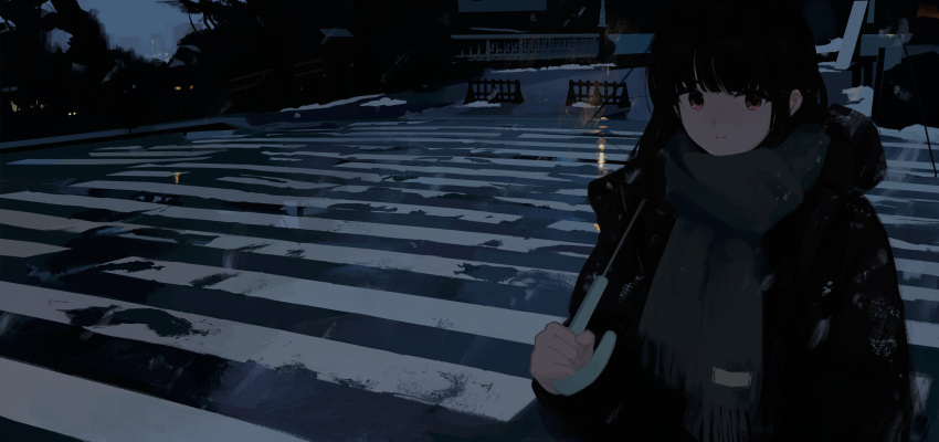 1girl absurdres black_hair closed_mouth crosswalk highres holding holding_umbrella long_sleeves original orval outdoors railing real_world_location red_eyes scarf snowing solo transparent transparent_umbrella umbrella