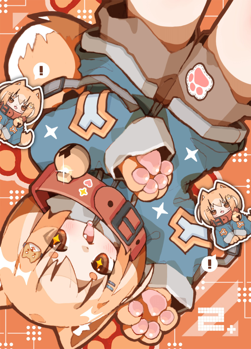 ! 1girl absurdres animal_collar animal_ear_fluff animal_ears animal_hands bell blue_jacket bright_pupils brown_eyes brown_shorts chibi chibi_inset collar curled_tail dog_ears dog_hair_ornament dog_tail drooling fang full_body hair_ornament hairpin hands_up highres jacket light_blush long_sleeves looking_at_viewer mouth_drool neck_bell nikamoka open_mouth orange_background orange_hair original paw_print red_collar shiba_inu short_eyebrows short_hair shorts solo spoken_exclamation_mark star-shaped_pupils star_(symbol) symbol-shaped_pupils tail upside-down yellow_pupils