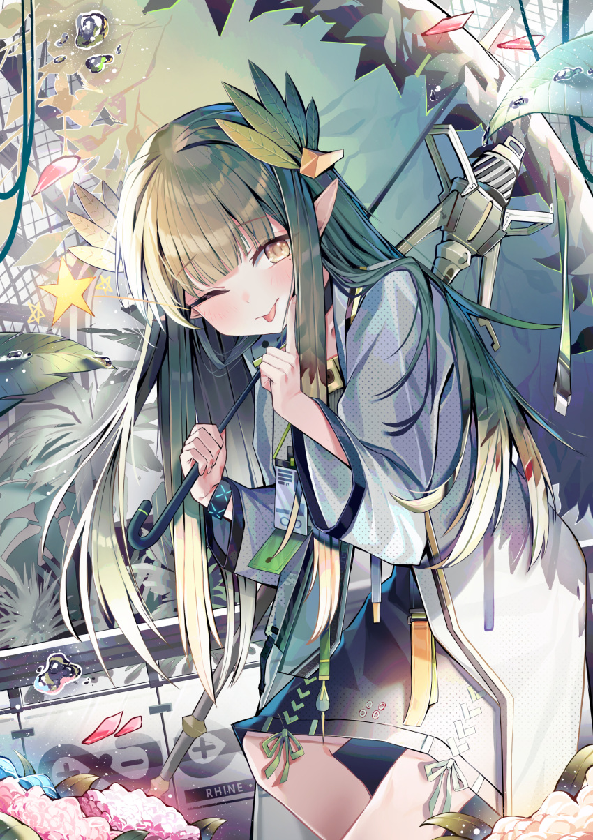 1girl ;p absurdres arknights chewi elf finger_to_cheek green_hair hair_ornament highres holding holding_umbrella id_card infection_monitor_(arknights) leaning_forward looking_at_viewer muelsyse_(arknights) one_eye_closed plant pointy_ears smile solo tongue tongue_out umbrella water yellow_eyes