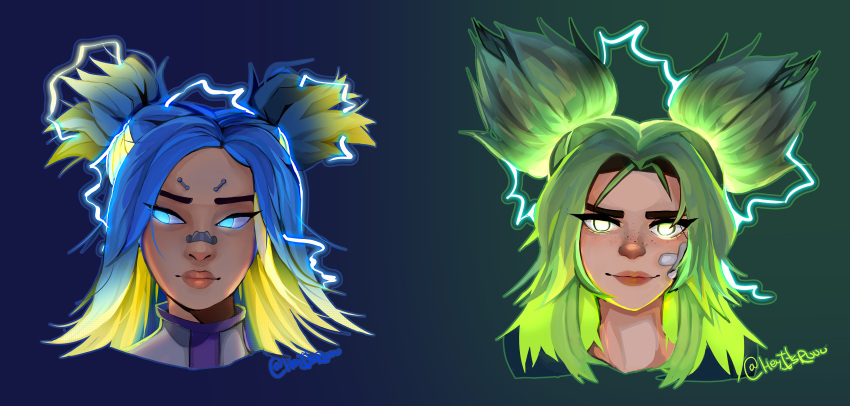 2girls absurdres bandaid bandaid_on_face blonde_hair blue_eyes blue_hair electricity freckles glowing glowing_eyes glowing_hair gradient_background gradient_hair green_eyes green_hair heyitsruuuu highres league_of_legends multicolored_hair multiple_girls neon_(valorant) parted_bangs twintails valorant zeri_(league_of_legends)