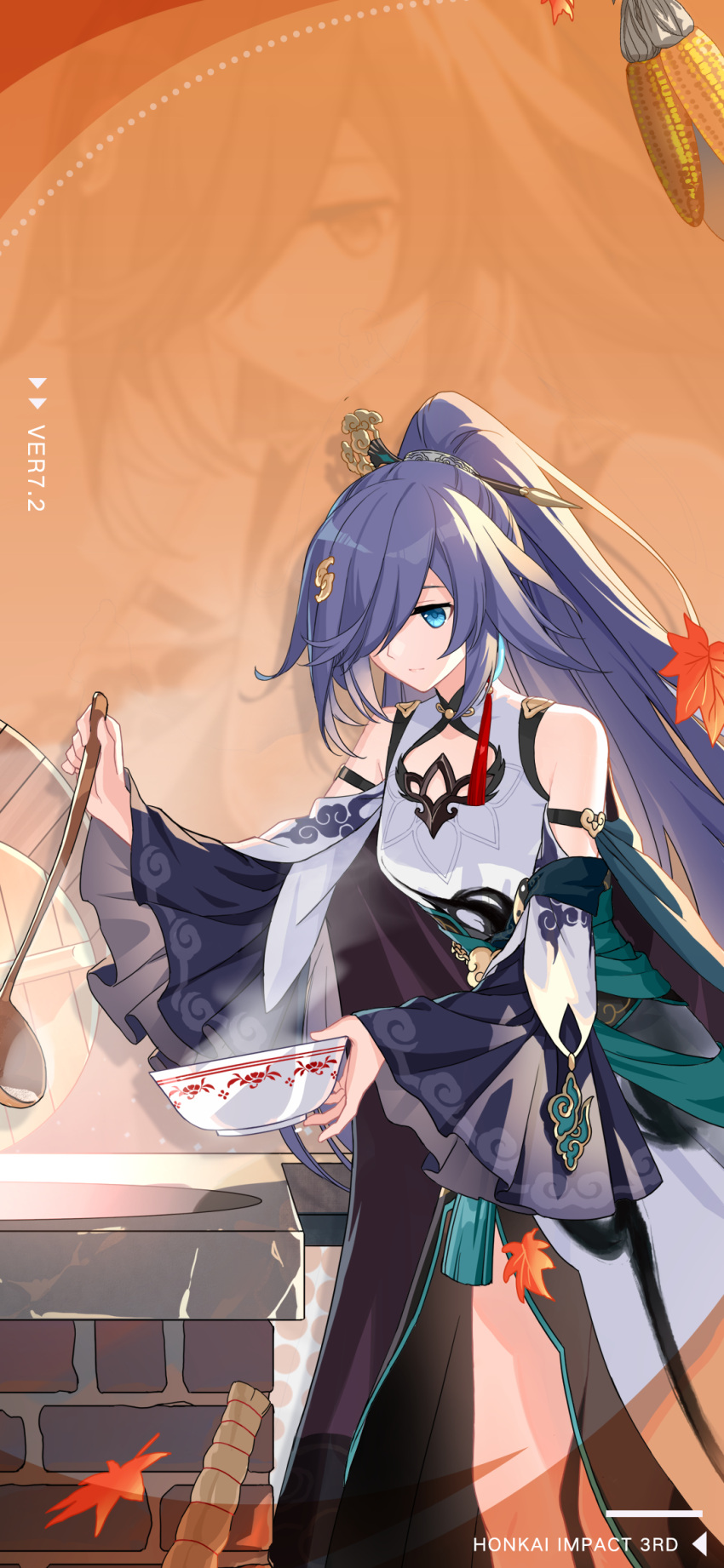 1girl bare_shoulders blue_eyes breasts chinese_clothes chinese_commentary detached_sleeves food fu_hua fu_hua_(azure_empyrea) hair_over_one_eye high_ponytail highres honkai_(series) honkai_impact_3rd leaf long_hair looking_down maple_leaf official_art official_wallpaper orange_background small_breasts smile solo standing