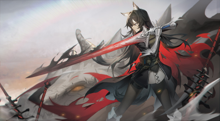 1girl absurdres animal animal_ear_fluff animal_ears arknights black_hair black_jacket black_pantyhose boots closed_mouth commentary_request dragon feet_out_of_frame gauntlets hair_between_eyes highres holding holding_sword holding_weapon jacket madao pantyhose profile skirt solo standing sword texas_(arknights) v-shaped_eyebrows weapon white_footwear white_skirt
