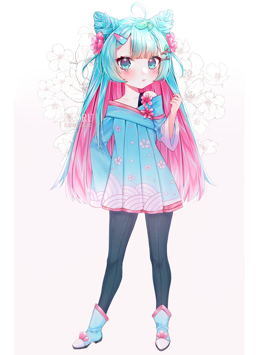 ahoge artist_name black_pants blue_dress blue_eyes blue_footwear blue_hair blue_sleeves blunt_bangs blush boots border cherry_blossom_print closed_mouth collarbone commentary commission cone_hair_bun double_bun dress eloru english_commentary eyelashes floral_background floral_print flower flower_brooch frown full_body gradient_background hair_bun hair_flower hair_ornament hairclip hand_on_own_hip hand_up highres kisaragi_1go long_hair long_sleeves looking_at_viewer multicolored_hair original pants pants_under_dress pillarboxed pink_background pink_flower pink_hair pleated_dress short_dress single_bare_shoulder single_strap solo straight_hair tearing_up two-tone_hair very_long_hair watermark white_border wide_sleeves