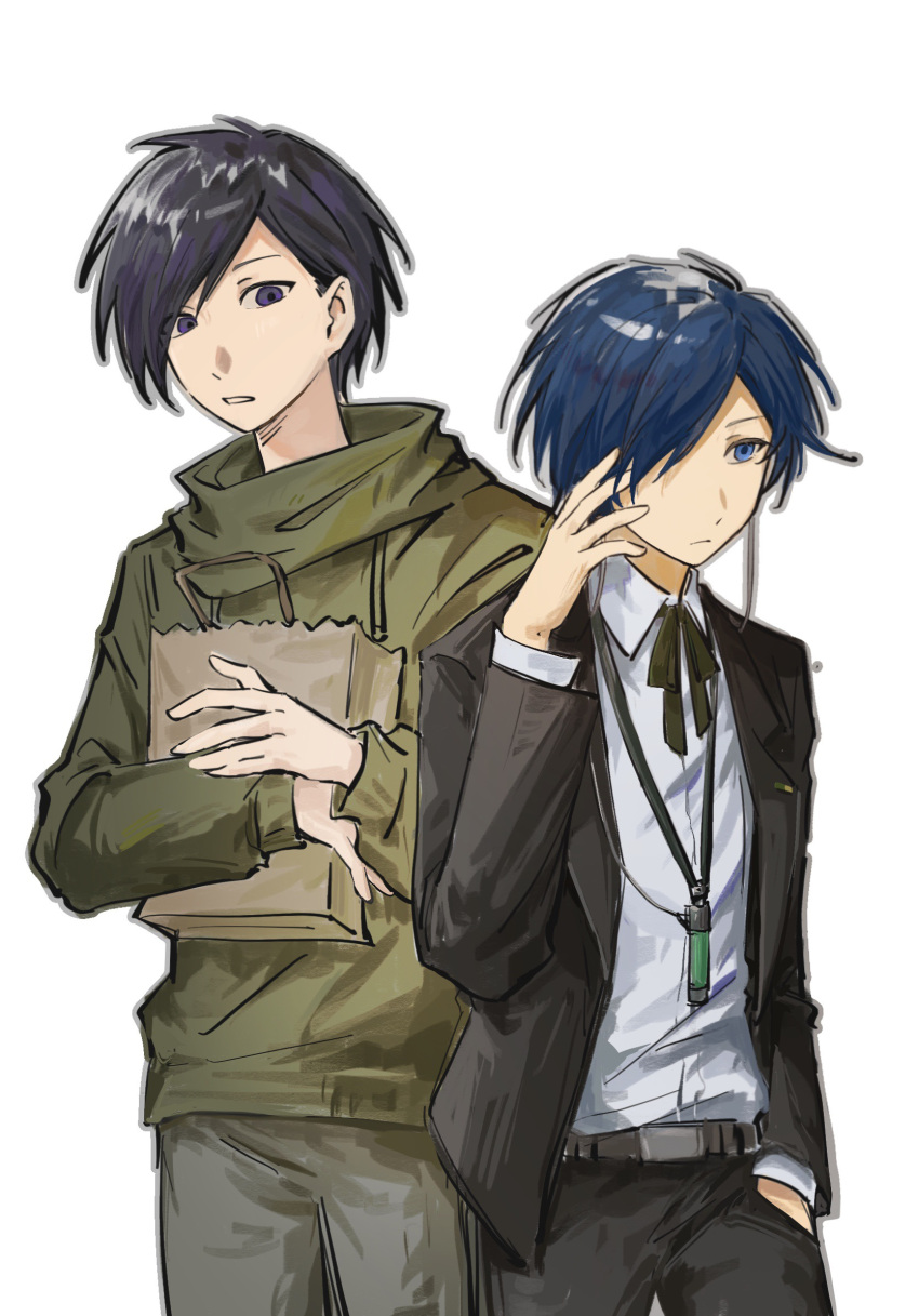 2boys aiba_ibuki bag belt black_hair black_jacket black_pants blue_eyes blue_hair brown_belt cha_wu chinese_commentary closed_mouth collared_shirt commentary_request crossover green_hoodie grey_pants hair_over_one_eye hairstyle_connection hand_in_pocket hand_on_own_head height_difference highres holding holding_bag hood hood_down hoodie jacket long_sleeves male_focus multiple_boys neck_ribbon open_clothes open_jacket pants paper_bag parted_lips persona persona_3 ribbon saibou_shinkyoku shirt short_hair simple_background vial violet_eyes white_background white_shirt yuuki_makoto