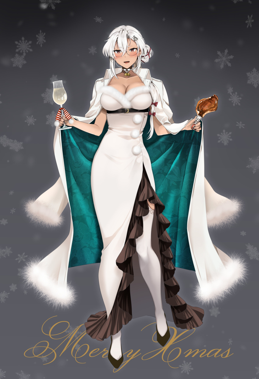 absurdres alternate_costume alternate_hairstyle black_footwear black_nails breasts cape christmas commentary cup dark-skinned_female dark_skin dress food fur-trimmed_cape fur-trimmed_dress fur_trim glasses grey_background hair_ornament hairclip highres holding holding_cup holding_food kantai_collection large_breasts musashi_(kancolle) red_eyes semi-rimless_eyewear snowflake_print thigh-highs under-rim_eyewear underbust white_cape white_dress white_hair white_thighhighs yunamaro