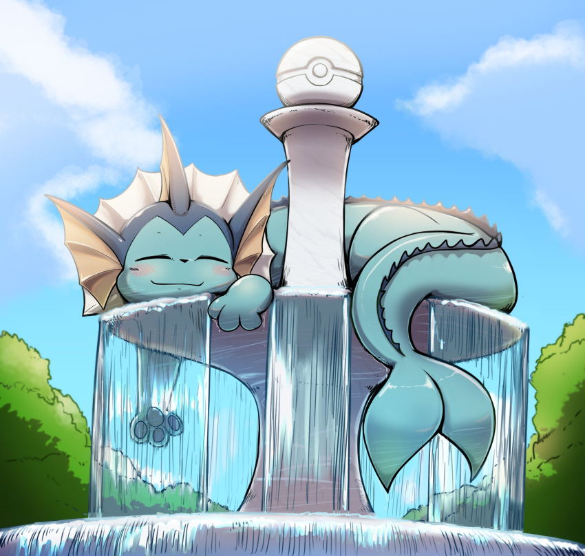 animal_focus blue_skin blue_sky closed_eyes closed_mouth clouds colored_skin english_commentary fins forked_tail fountain head_fins highres no_humans otakuap poke_ball_symbol pokemon pokemon_(creature) sky tail tree vaporeon water