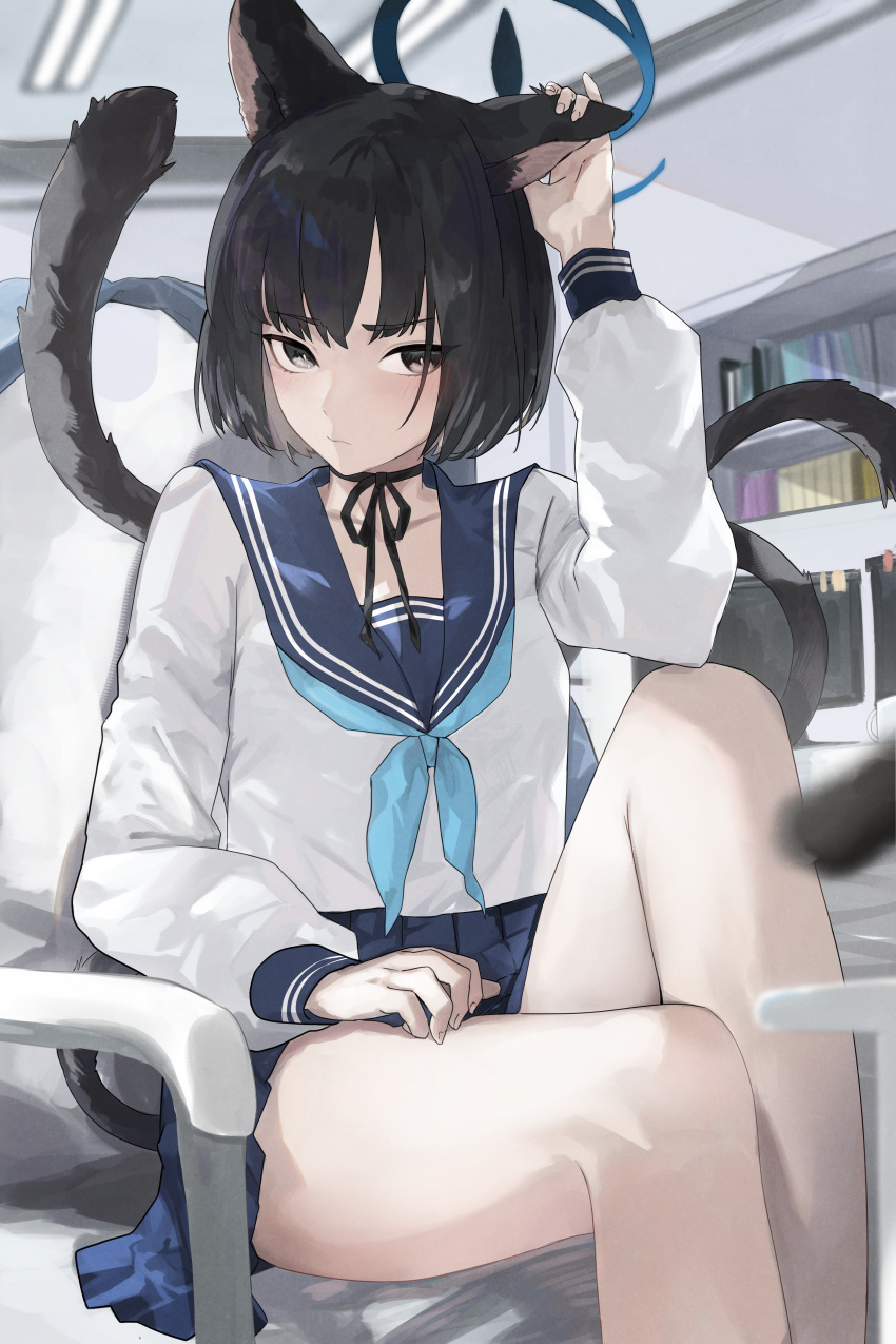 1girl absurdres animal_ears black_eyes black_hair blue_archive blue_halo blue_neckerchief cat_ears cat_tail commentary_request halo hanasawa_(pixiv53877974) highres kikyou_(blue_archive) multiple_tails neckerchief pleated_skirt sailor_collar skirt solo tail two_tails