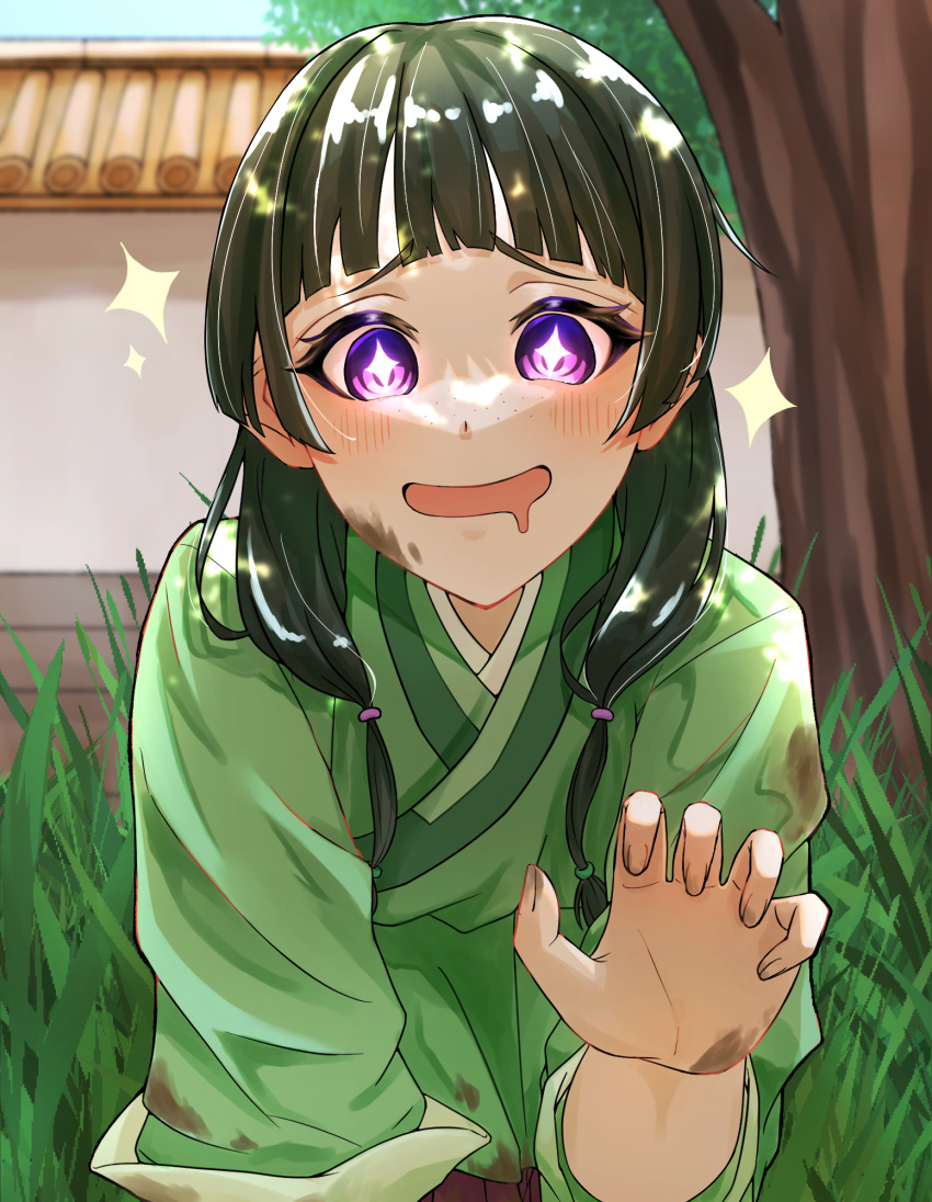+_+ 1girl blunt_bangs blush chinese_clothes dirty dirty_clothes drooling excited grass green_hair hanfu highres kusuriya_no_hitorigoto maomao_(kusuriya_no_hitorigoto) mouth_drool multi-tied_hair open_mouth reaching solo soy_latte sparkling_eyes tree violet_eyes