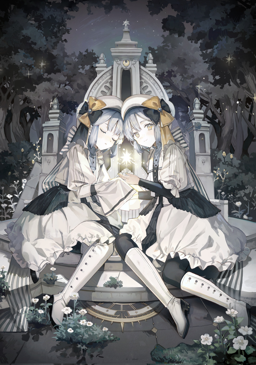 2girls absurdres beret black_vs_white boots closed_eyes crescent dress flower grey_hair hat highres hihara_you knee_boots looking_at_viewer monument multiple_girls night night_sky official_art original outstretched_hand siblings sky sleeves_past_fingers sleeves_past_wrists smile star_(sky) star_(symbol) tree twins white_dress white_flower white_footwear white_headwear yellow_eyes yellow_nails