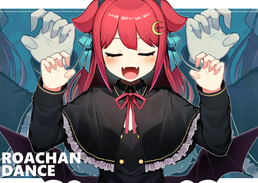 1girl absurdres black_capelet black_horns blue_bow blush bow capelet closed_eyes commentary crescent crescent_hair_ornament fangs frilled_capelet frills hair_bow hair_ornament hatyuuruinohito highres horns long_hair long_sleeves nijisanji redhead skin_fangs solo symbol-only_commentary virtual_youtuber yuzuki_roa yuzuki_roa_(1st_costume)