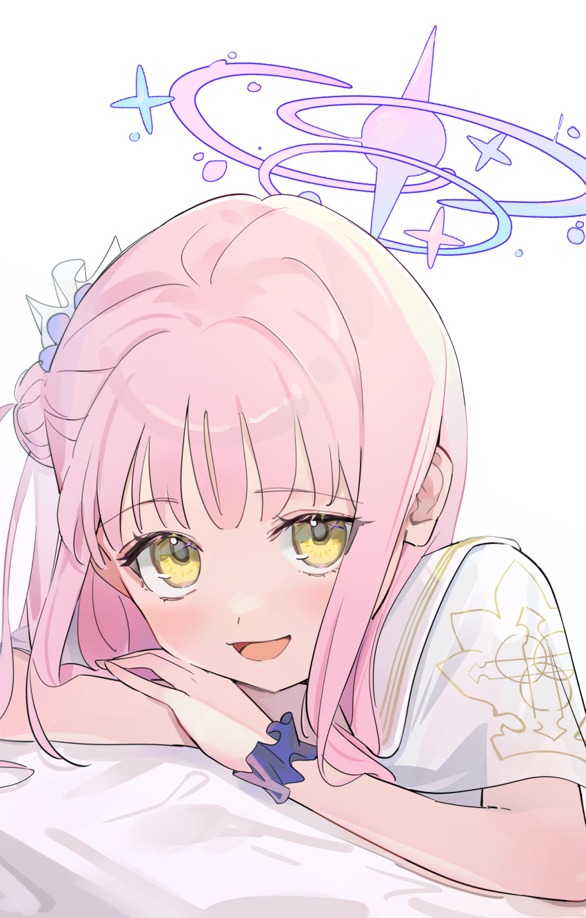 1girl blue_archive blush flower h1ran0o0 hair_bun hair_flower hair_ornament halo highres looking_at_viewer mika_(blue_archive) open_mouth pink_hair pink_halo side_up_bun simple_background single_side_bun smile solo upper_body white_background yellow_eyes