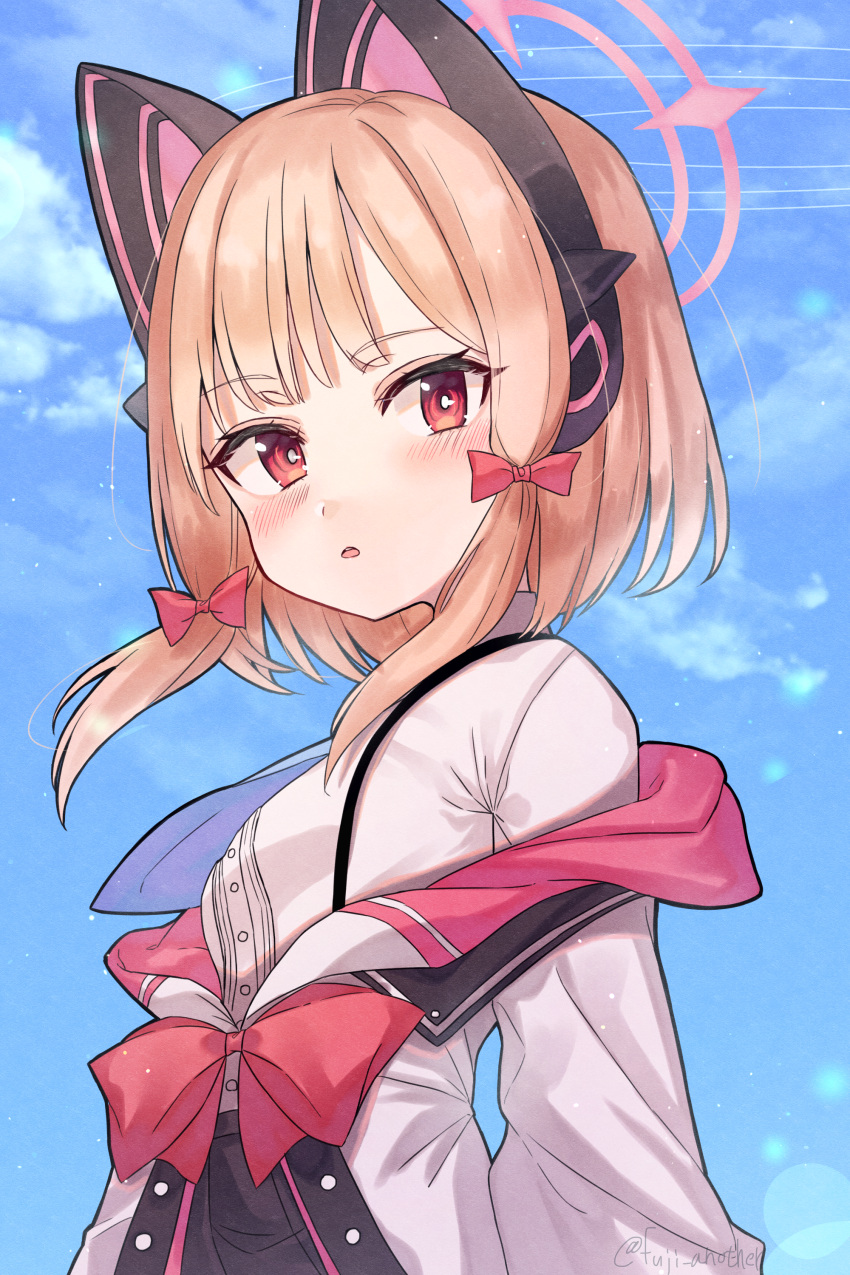 1girl absurdres animal_ear_headphones animal_ears artist_name black_skirt blonde_hair blue_archive blue_necktie blue_sky blush bow cat_ear_headphones clouds cloudy_sky fake_animal_ears hair_bow halo headphones highres jacket katsukare long_sleeves looking_at_viewer momoi_(blue_archive) necktie off_shoulder open_mouth pink_eyes pink_halo pleated_skirt red_bow shirt short_hair sidelocks skirt sky solo suspenders two-sided_fabric two-sided_jacket upper_body white_jacket white_shirt
