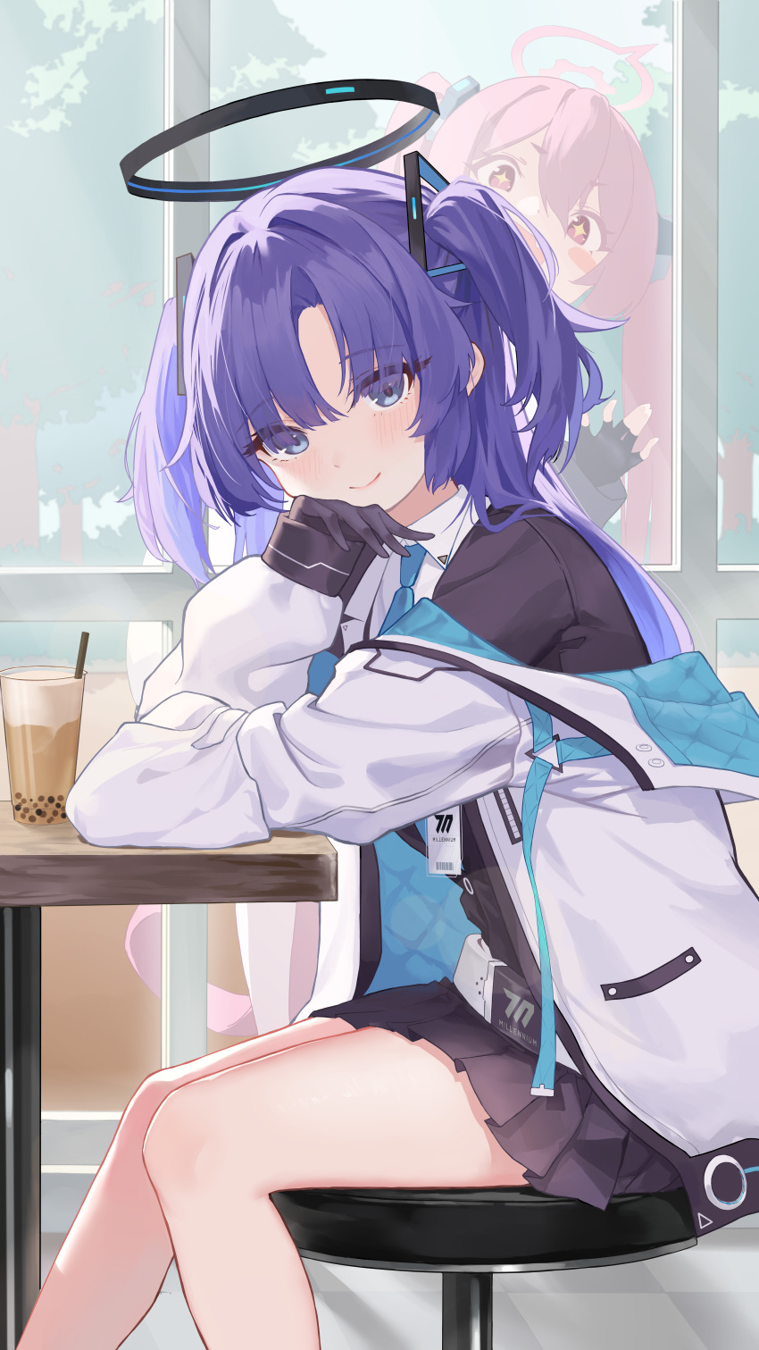 2girls absurdres arm_support blue_archive blue_eyes blue_necktie blush breasts cup disposable_cup halo highres jacket koharu_(blue_archive) long_hair long_sleeves looking_at_viewer multiple_girls necktie purple_hair shirt shou_xun_bu_liang sitting solo thighs two_side_up violet_eyes white_shirt yuuka_(blue_archive)