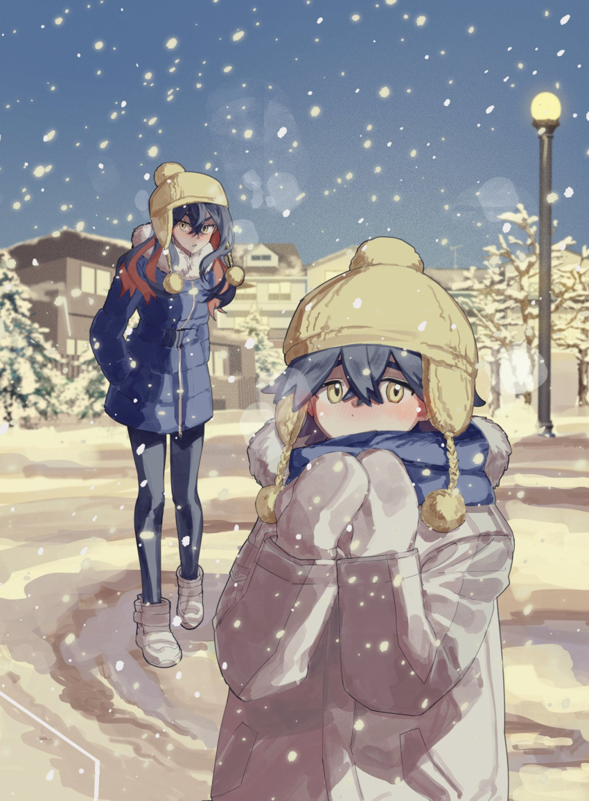 1boy 1girl beanie black_hair black_pantyhose blue_jacket blue_scarf blush boots brother_and_sister building carmine_(pokemon) float_(mement0_m0rl) fur_trim hand_in_pocket hat highres jacket kieran_(pokemon) korean_commentary long_hair long_sleeves looking_at_viewer mittens multicolored_hair outdoors pantyhose pokemon pokemon_sv pom_pom_(clothes) pom_pom_beanie redhead scarf siblings snow snowing standing steam tree white_footwear white_jacket white_mittens winter_clothes yellow_eyes yellow_headwear