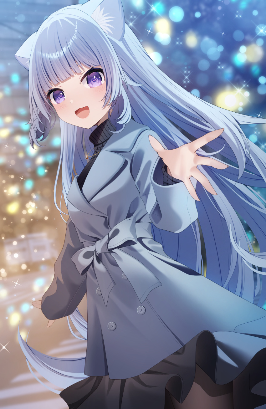 1girl :d absurdres animal_ear_fluff animal_ears black_sweater blue_coat blue_hair blurry blurry_background christmas coat commentary_request depth_of_field frilled_coat frills hand_up heart heart-shaped_pupils highres long_hair long_sleeves original ribbed_sweater sapphire_(sapphire25252) smile solo sweater symbol-shaped_pupils turtleneck turtleneck_sweater very_long_hair violet_eyes