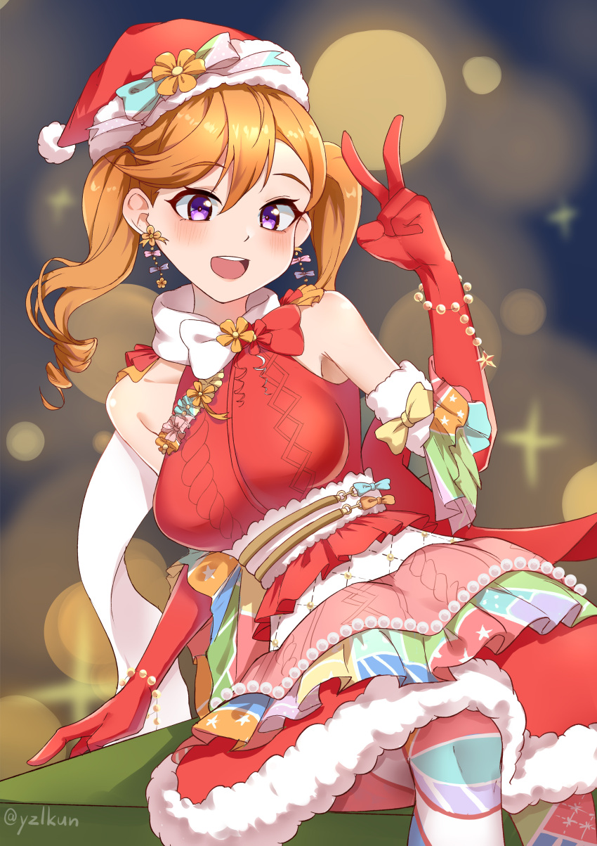 1girl absurdres arm_up artist_name bare_shoulders blush breasts christmas commentary_request dress fur-trimmed_dress fur-trimmed_gloves fur-trimmed_headwear fur_trim gloves hair_between_eyes hat highres long_hair looking_at_viewer love_live! love_live!_superstar!! neck_ribbon open_mouth orange_hair pom_pom_(clothes) red_dress red_gloves red_headwear ribbon round_teeth santa_costume santa_dress santa_hat scarf shibuya_kanon sitting sleeveless sleeveless_dress smile solo teeth tongue v violet_eyes white_scarf yzlkun