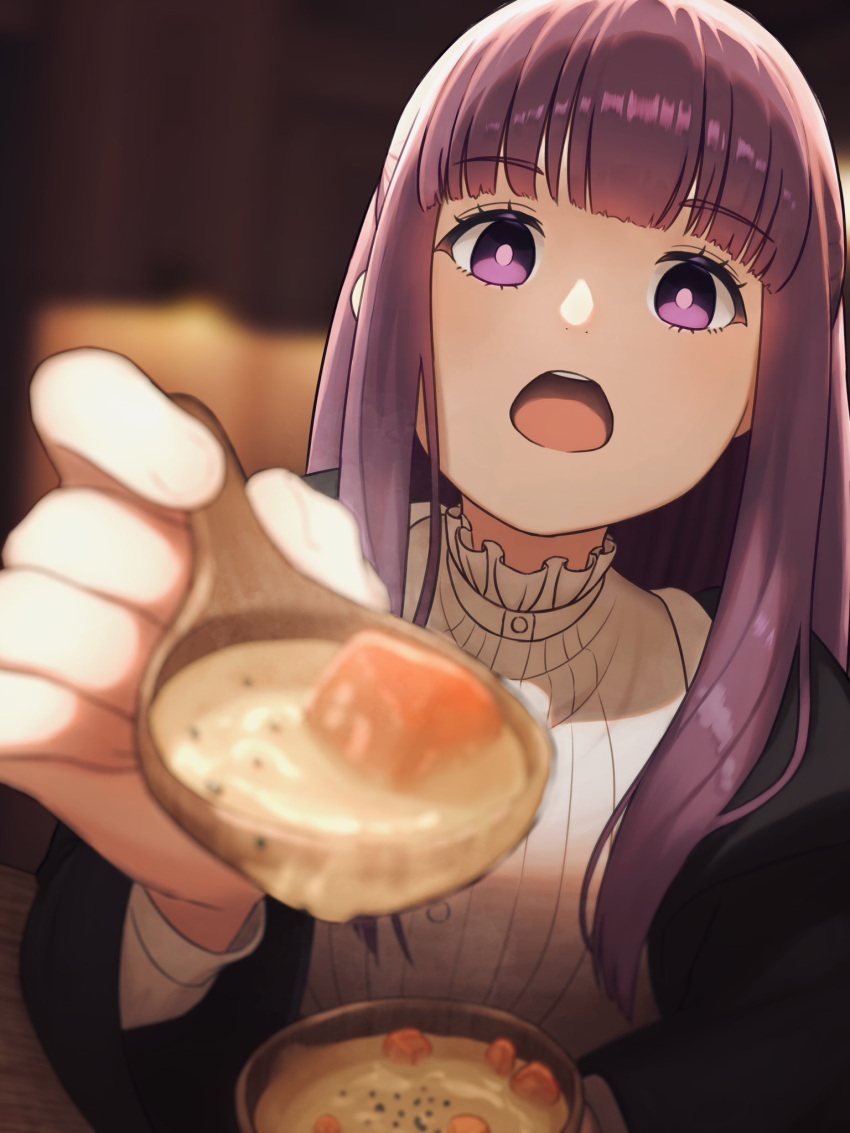 1girl black_coat blurry bowl coat commentary depth_of_field dress fern_(sousou_no_frieren) food frills highres holding holding_bowl incoming_food long_hair looking_at_viewer open_mouth pov purple_hair shoga_0226 sidelocks solo soup sousou_no_frieren spoon teeth upper_teeth_only very_long_hair violet_eyes white_dress wooden_bowl wooden_spoon