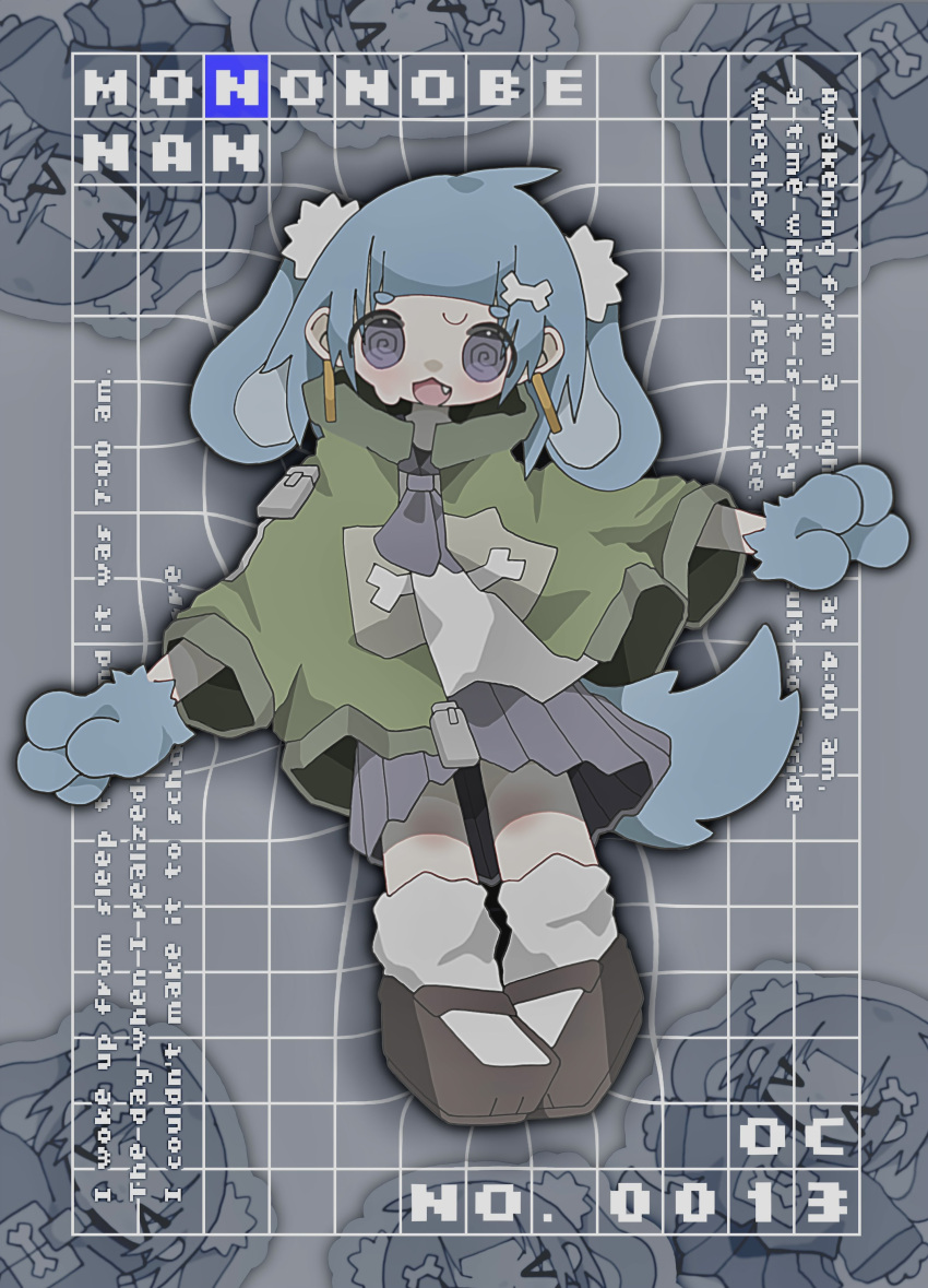 1girl @_@ absurdres animal_ears animal_hands blue_fur blue_hair bone_hair_ornament brown_footwear collared_jacket dog_ears dog_girl dog_tail fang full_body green_jacket grey_background grey_socks grid_background hair_ornament hands_up high_collar highres jacket kneehighs looking_at_viewer mary_janes medium_hair neckerchief nikamoka open_clothes open_jacket open_mouth original outstretched_arms pigeon-toed pleated_skirt pom_pom_(clothes) pom_pom_hair_ornament purple_neckerchief purple_serafuku purple_skirt school_uniform serafuku shoes short_eyebrows sidelocks skirt socks solo spread_arms sweatdrop tail violet_eyes zipper