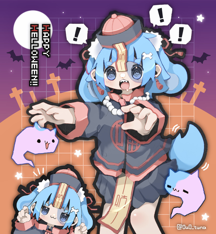 ! 1girl :3 @_@ absurdres animal animal_ears artist_name bat_(animal) bead_necklace beads black_skirt blue_eyes blue_hair cat chibi chibi_inset cross dog_ears dog_girl dog_tail drooling earrings english_text feet_out_of_frame full_moon ghost grid_background hair_ornament halloween halloween_costume hands_up happy_halloween hat highres jewelry jiangshi_costume latin_cross looking_at_viewer medium_hair moon mouth_drool multicolored_background necklace night night_sky nikamoka notice_lines ofuda open_mouth orange_background original outstretched_arms pelvic_curtain pleated_skirt pom_pom_(clothes) pom_pom_hair_ornament purple_background purple_sky qingdai_guanmao sharp_teeth short_eyebrows skirt sky spoken_exclamation_mark standing star_(sky) tail tassel tassel_earrings teeth tombstone twitter_username zombie_pose
