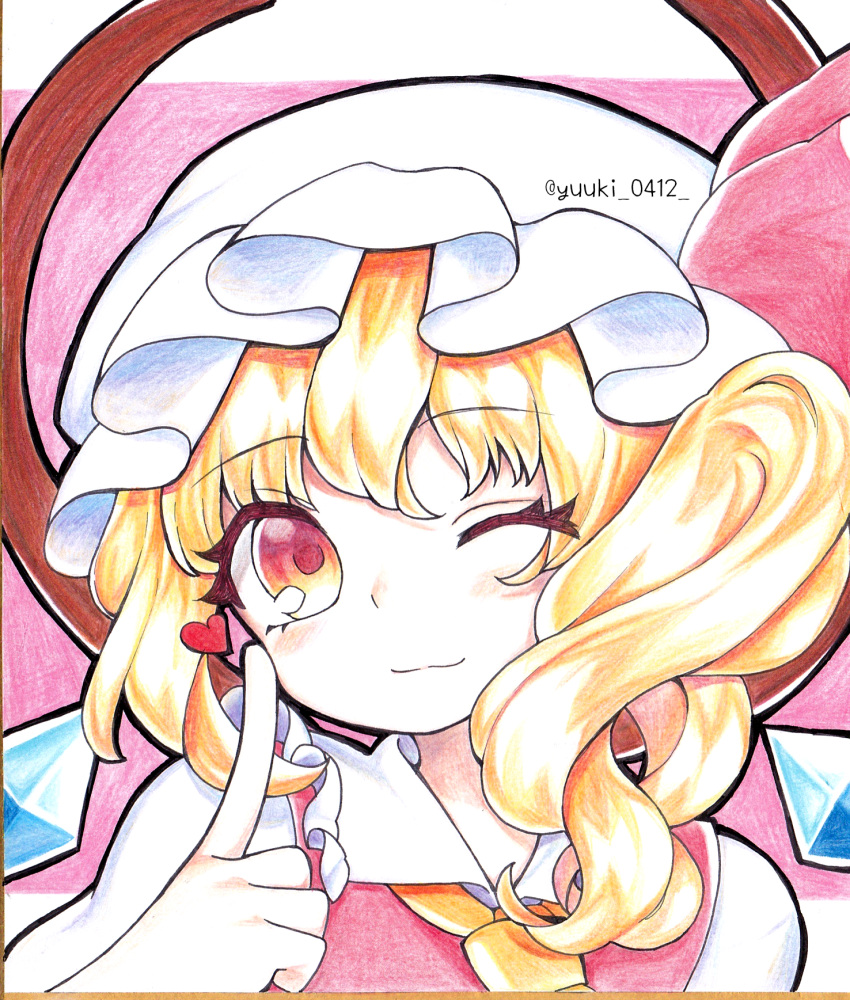 1girl ascot blonde_hair closed_mouth collared_shirt flandre_scarlet frilled_shirt_collar frills hat heart highres light_smile looking_at_viewer medium_hair mob_cap one_eye_closed one_side_up puffy_short_sleeves puffy_sleeves red_vest shirt short_sleeves solo touhou upper_body vest white_headwear white_shirt yellow_ascot youji_(ohudousann)