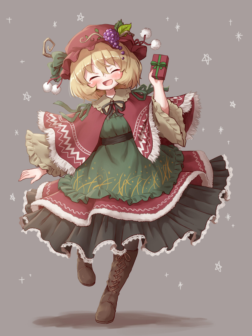 1girl aki_minoriko apron arinu black_skirt blonde_hair blush boots box brown_footwear capelet closed_eyes cross-laced_footwear dress facing_viewer fruit_hat_ornament full_body gift gift_box grape_hat_ornament green_apron grey_background hair_between_eyes hat hat_ornament highres holding holding_gift knee_boots lace-up_boots long_sleeves mob_cap open_mouth red_capelet red_dress red_headwear short_hair simple_background skirt smile solo touhou wide_sleeves