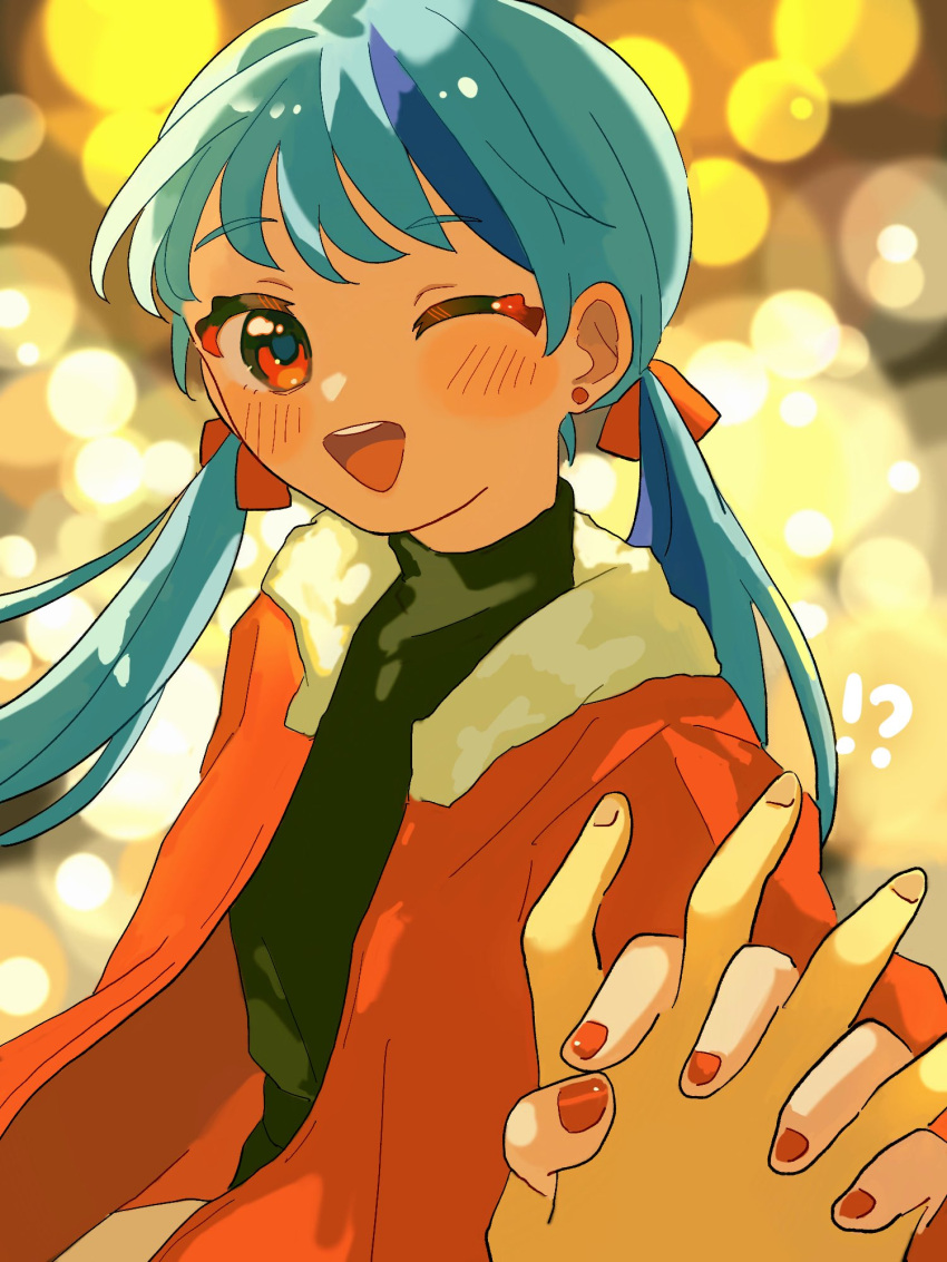 !? 1girl 1other aqua_hair blue_hair blurry blush bokeh commentary depth_of_field earrings fur-trimmed_jacket fur_trim hair_ribbon highres holding_hands interlocked_fingers jacket jewelry long_hair long_sleeves looking_at_viewer low_twintails multicolored_hair nagomi_(_nagomi_) nail_polish one_eye_closed open_clothes open_jacket open_mouth original pov pov_hands red_eyes red_jacket red_nails red_ribbon ribbon smile solo_focus streaked_hair turtleneck twintails upper_body