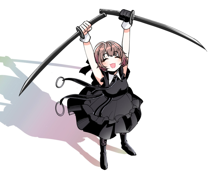 1girl :3 arms_up black_dress boots brown_hair closed_eyes commentary_request dress dual_wielding highres holding holding_sword holding_weapon idolmaster idolmaster_shiny_colors ikuta_haruki kanzaki_(kusomiso) katana shadow short_hair sleeveless sleeveless_dress solo standing sword weapon white_background wrist_cuffs