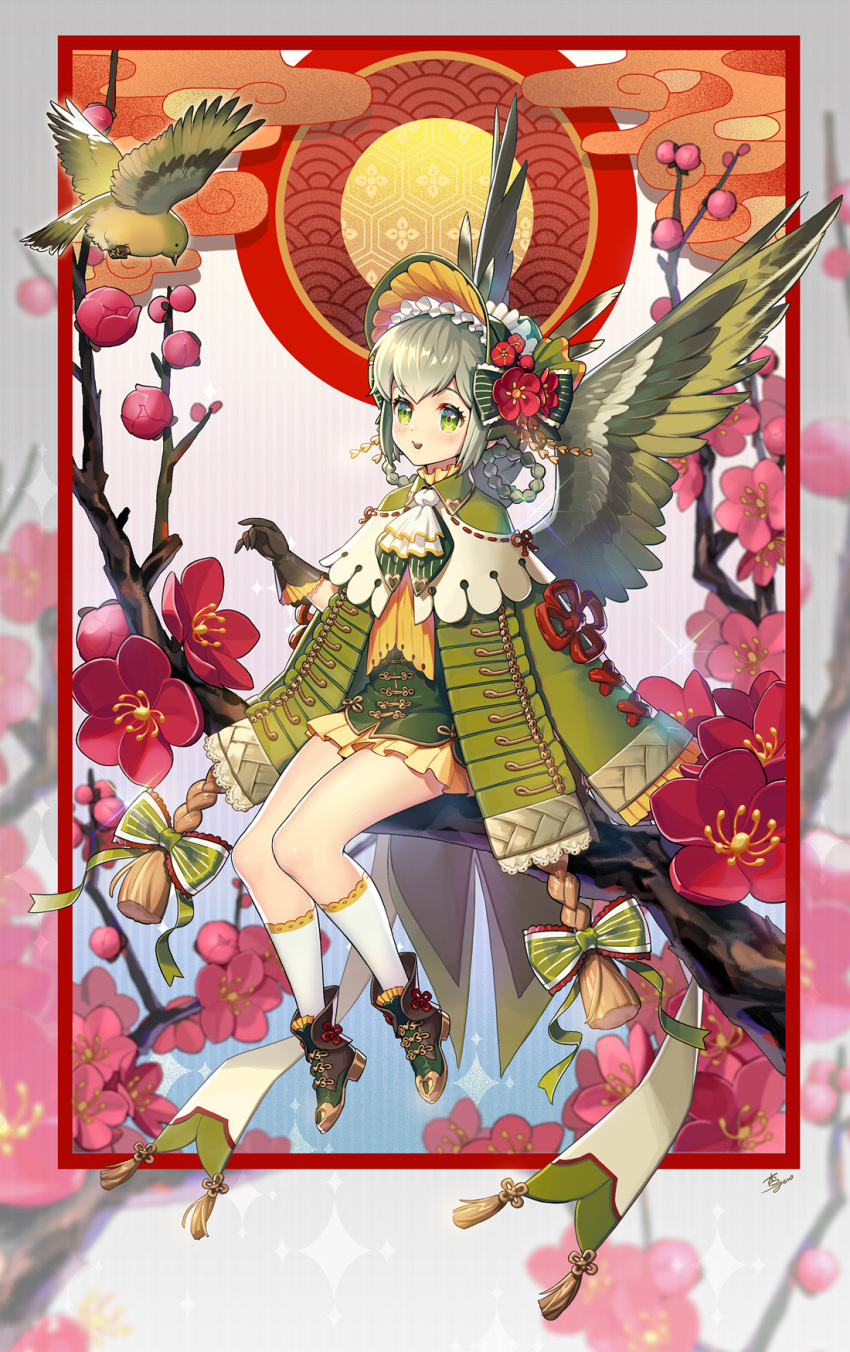 1girl anzumame bird bird_wings black_gloves blush bow feathered_wings flower frilled_headwear gloves green_eyes green_footwear green_hair hair_bow hair_flower hair_ornament highres in_tree original sitting sitting_in_tree solo thigh-highs tree white_thighhighs wings