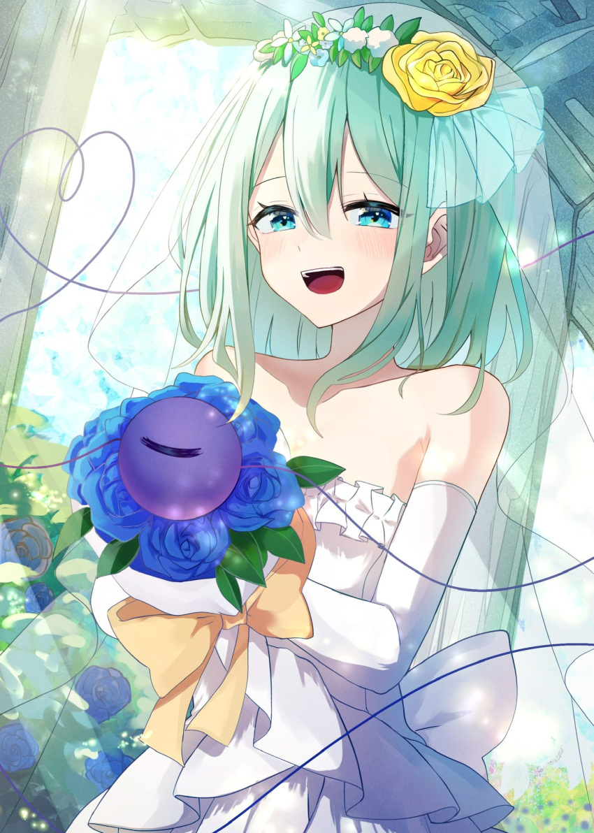 1girl :d alternate_costume alternate_eye_color back_bow blue_eyes blue_flower blue_rose blush bouquet bow bridal_veil church commentary_request day double-parted_bangs dress elbow_gloves eyelashes flower flower_wreath frilled_dress frills gloves green_hair hair_between_eyes hair_flower hair_ornament half-closed_eyes happy head_wreath heart heart_in_eye heart_of_string highres holding holding_bouquet indoors komeiji_koishi koroyarou leaf looking_at_viewer medium_hair open_mouth rose sidelighting smile solo straight_hair strapless strapless_dress symbol_in_eye teeth third_eye touhou upper_body upper_teeth_only veil wedding wedding_dress white_bow white_dress white_flower white_gloves window yellow_bow yellow_flower yellow_rose