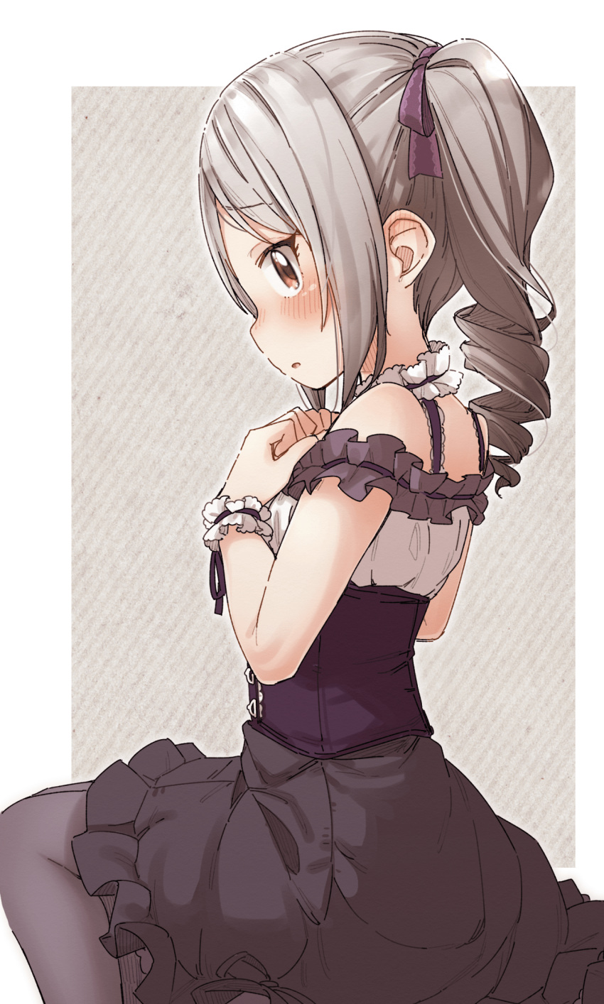 1girl bare_shoulders black_dress black_pantyhose blush border bow breasts clenched_hands commentary corset dress drill_hair frilled_dress frills from_side grey_background grey_hair hair_bow hair_ribbon hands_up highres idolmaster idolmaster_cinderella_girls idolmaster_cinderella_girls_starlight_stage kanzaki_ranko long_hair looking_at_viewer medium_breasts outside_border pantyhose parted_lips purple_corset purple_ribbon red_eyes ribbon scrunchie shy simple_background sitting sleeveless sleeveless_dress solo twin_drills twintails white_border white_scrunchie wrist_scrunchie yukie_(kusaka_shi)