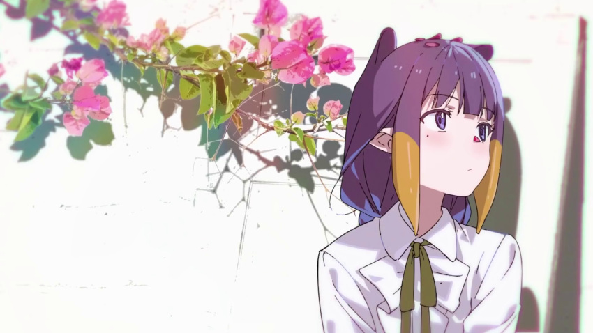 1girl flat_chest flower from_side gradient_hair highres hololive hololive_english holomyth multicolored_hair ninomae_ina'nis ninomae_ina'nis_(artist) non-web_source petals pointy_ears purple_hair sidelocks solo virtual_youtuber
