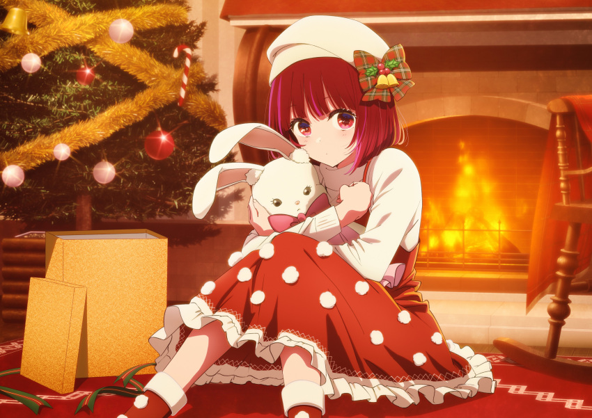 1girl absurdres arima_kana bell beret blunt_bangs blush bob_cut boots bow box christmas christmas_ornaments christmas_tree closed_mouth commentary crossed_arms dress english_commentary eyelashes feet_out_of_frame fireplace frilled_dress frills gift gift_box glint green_ribbon hair_bell hair_bow hair_ornament hat highres hirayama_kanna holding holding_stuffed_toy indoors knees_together_feet_apart knees_up long_dress long_sleeves looking_at_viewer mistletoe official_art open_box oshi_no_ko pink_bow pom_pom_(clothes) red_bow red_dress red_eyes redhead ribbon santa_boots santa_hat shirt short_hair sitting sleeveless sleeveless_dress solo stuffed_animal stuffed_rabbit stuffed_toy white_headwear white_shirt