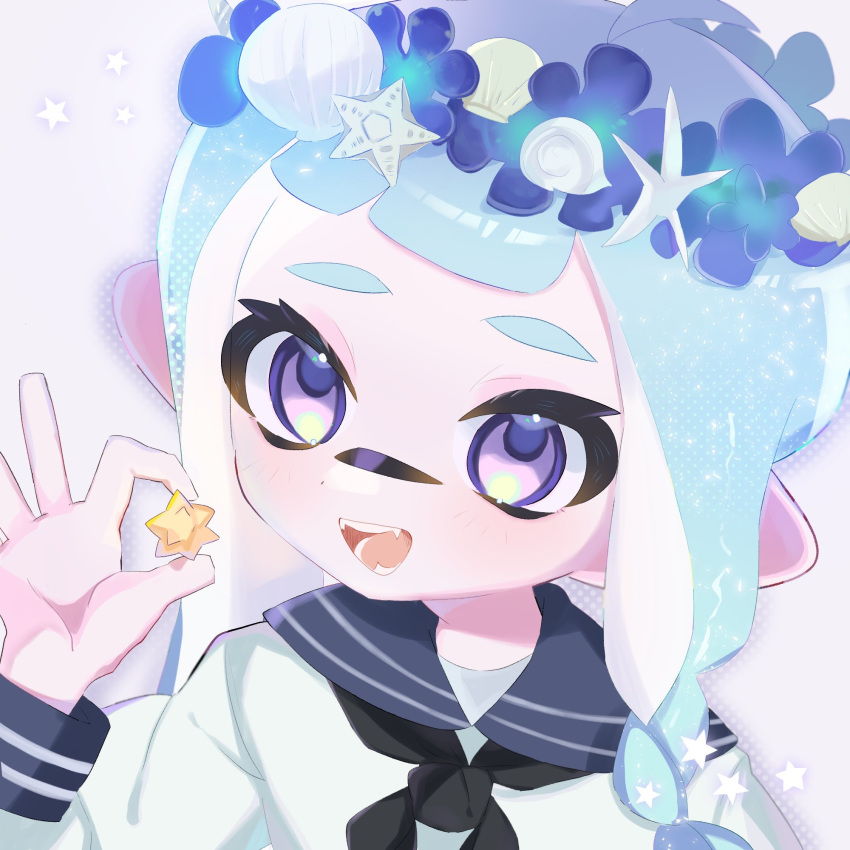 1girl blue_hair braid candy commentary_request food head_wreath highres holding holding_candy holding_food inkling inkling_girl long_hair nanimonaku71 open_mouth sailor_collar sailor_shirt shirt simple_background solo splatoon_(series) splatoon_3 star_(symbol) symbol-shaped_pupils teeth upper_body violet_eyes white_background