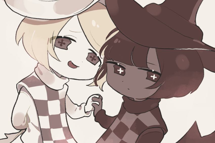2others androgynous blonde_hair bob_cut brown_hair brown_headwear cape chess_choco_cookie chess_piece cookie_run dark_skin looking_at_viewer multiple_others tarako4649 upper_body white_cape white_hair white_headwear white_sleeves white_tunic wide_sleeves