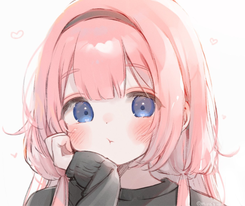1girl black_headband black_sweater blue_eyes blush double-parted_bangs hand_on_own_cheek hand_on_own_face headband long_hair long_sleeves m_ydayo nijisanji pink_hair simple_background solo suo_sango sweater virtual_youtuber white_background