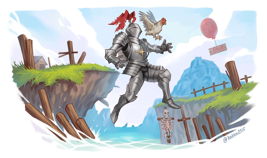 1boy altf4 armor armored_boots artist_name balloon bird boots border breastplate chicken cliff clouds cloudy_sky cross english_text feathered_wings fence flying gauntlets greaves helmet house jumping knight knight_(altf4) motojima_hakka mountain plume ribs shoulder_armor sign skeleton skull sky water white_border wings wooden_fence