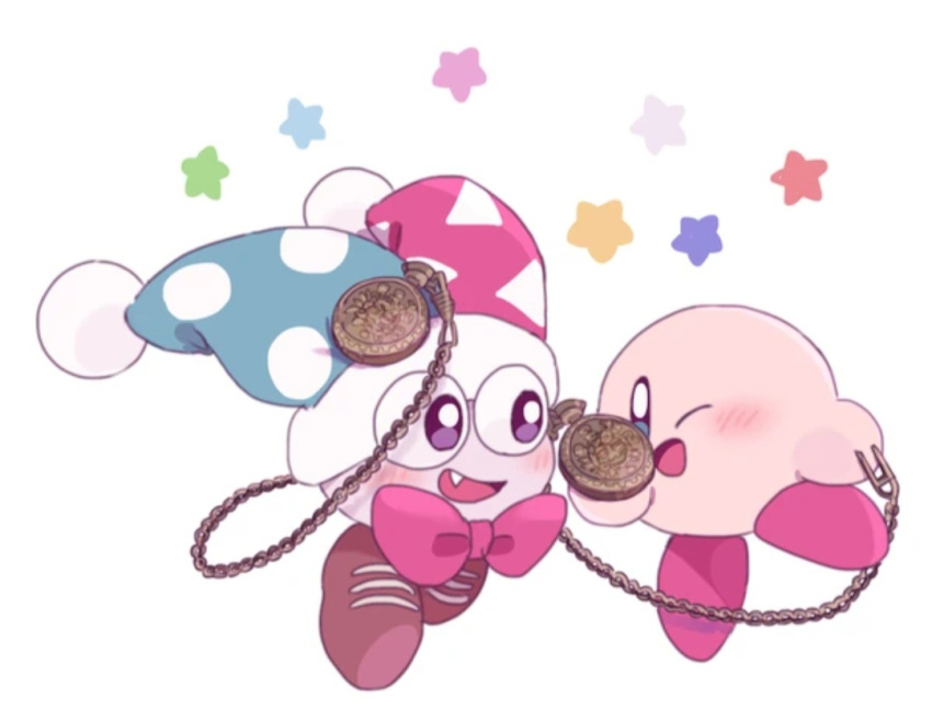 1boy 1other blue_eyes blue_headwear blush bowtie brown_footwear brown_shoes fang holding_necklace kirby kirby_(series) marx_(kirby) neckwear open_mouth pink_skin polka_dot_headwear pom_pom_(clothes) purple_eyes purple_skin red_headwear roku_(suzusuzu65972012) smile star white_background wink