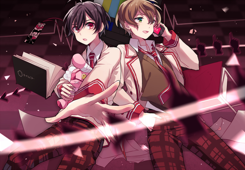 2boys a-ya_(shuuen_no_shiori) ahoge black_hair book bookmark brown_hair brown_sweater buttons c-ta cardiogram cellphone checkered_background chinese_commentary collared_shirt commentary_request dark_background desk envelope feet_out_of_frame floating floating_object foreshortening gradient_background green_eyes hair_between_eyes heart hexagon holding holding_phone holding_stuffed_toy jacket lapels legs_apart long_sleeves looking_at_viewer loose_necktie love_letter male_focus motion_blur multicolored_clothes multicolored_jacket multiple_boys necktie notched_lapels open_book open_clothes open_collar open_jacket open_mouth pants papers phone plaid plaid_pants purple_background rata_(m40929) reaching reaching_towards_viewer red_eyes red_jacket red_necktie red_trim school_desk school_uniform shirt short_hair shuuen_no_shiori_project side-by-side sleeve_cuffs smartphone smile stuffed_toy sweater talking_on_phone test_card triangle two-tone_jacket v-neck white_shirt yellow_jacket