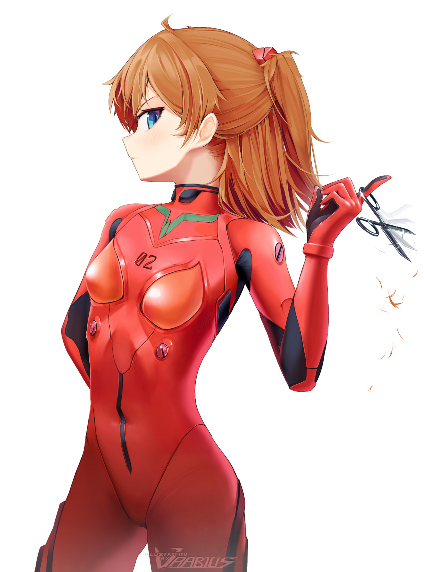 1girl alternate_hair_length alternate_hairstyle artist_name blue_eyes bodysuit breasts brown_hair commentary cowboy_shot cutting_hair cutting_own_hair english_commentary highres interface_headset looking_at_viewer medium_hair neon_genesis_evangelion pilot_suit plugsuit red_bodysuit scissors sideways_glance skin_tight small_breasts souryuu_asuka_langley standing two_side_up vrabius white_background